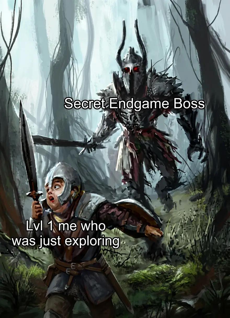 Fantasy video game scene showing a level one player being chased by a secret endgame boss in a dark forest.