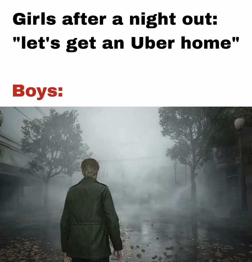 Meme showing exhausted adults after a night out contrasted with boys playing video games in a foggy street scene.