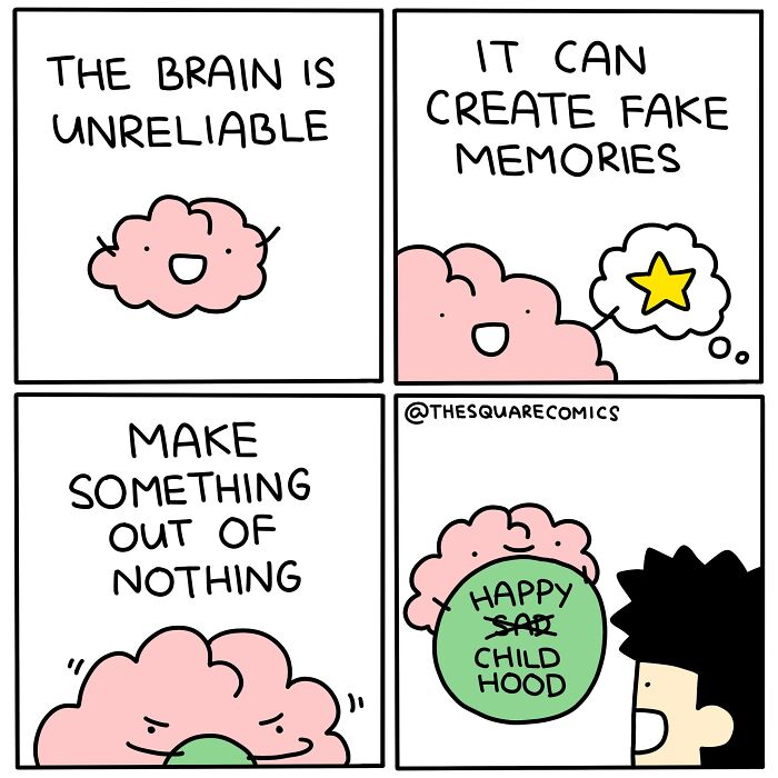 Cartoon comic illustrating the unreliable brain creating fake memories, capturing the struggle of adulthood in a darkly funny way.