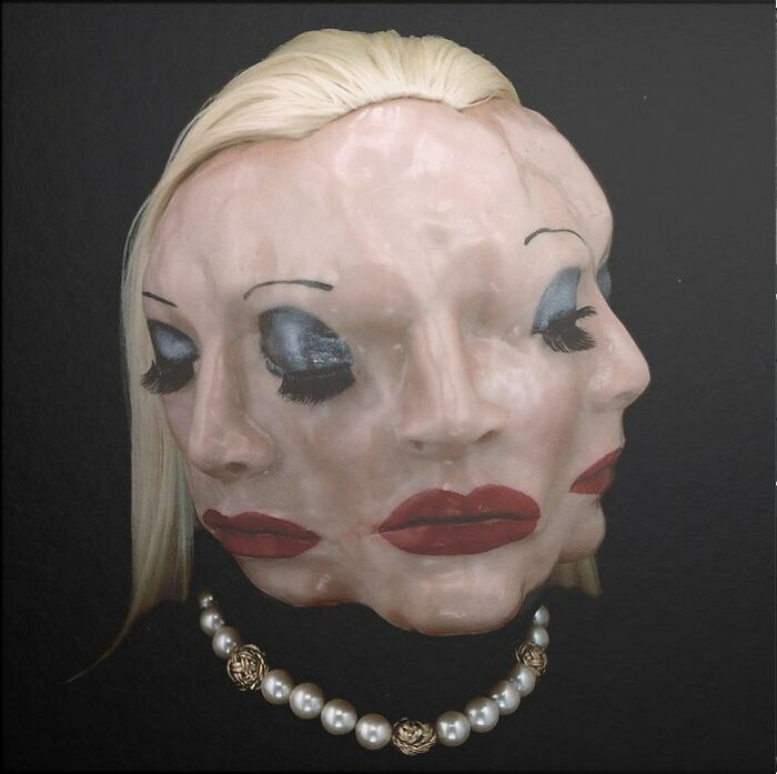 Surreal hilariously bad album cover featuring a three-faced woman with heavy makeup and a pearl necklace on black background.