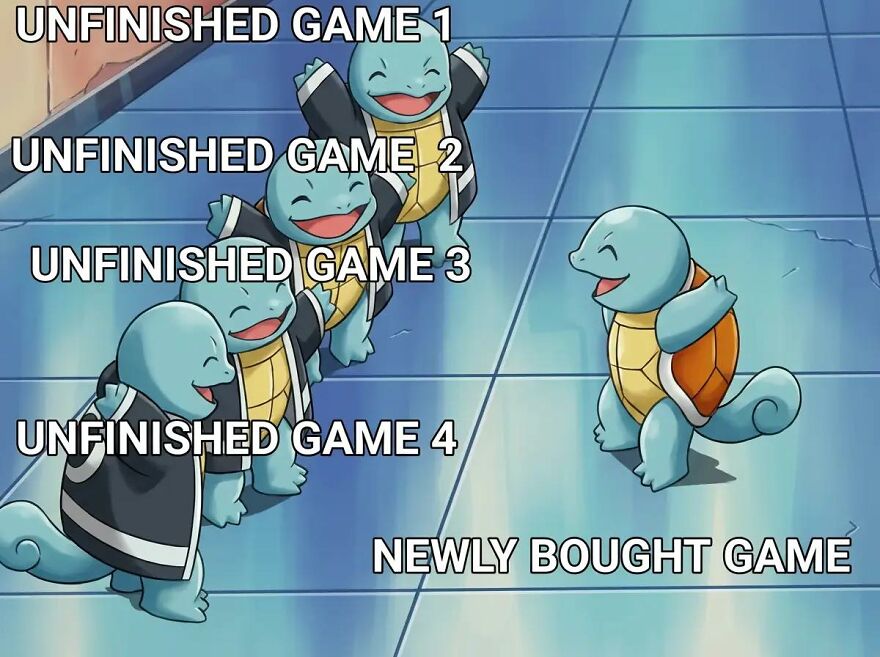 Cartoon turtles labeled as unfinished games and a newly bought game, illustrating relatable memes for exhausted adults playing video games.