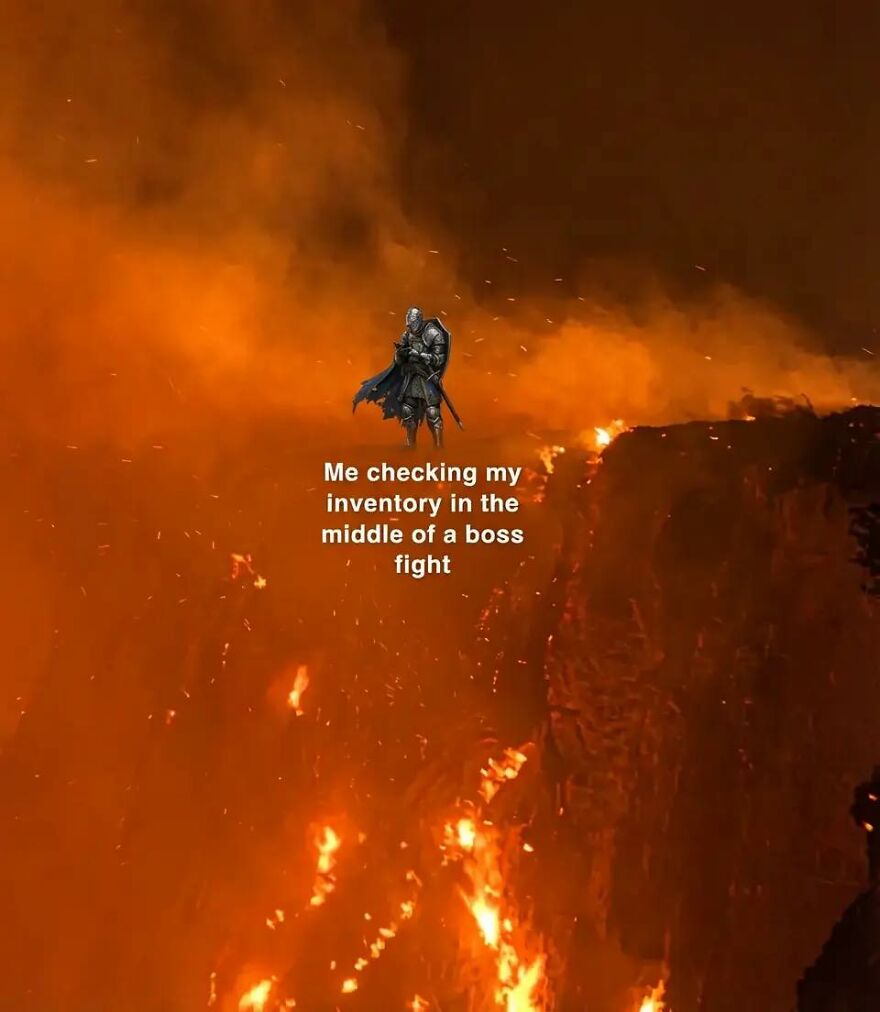Knight character checking inventory during intense boss fight, illustrating relatable memes for exhausted adults who want to play video games.