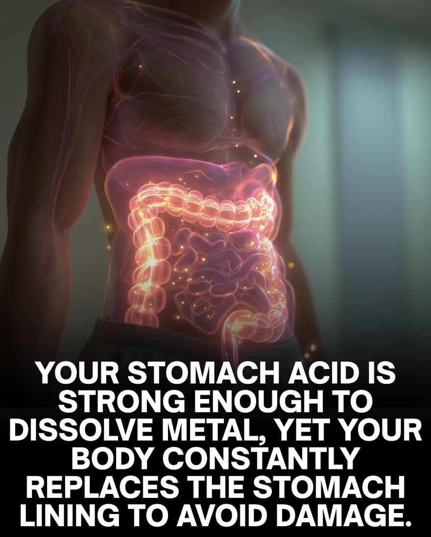 Human torso with glowing digestive system illustrating stomach acid facts related to bones are wet and sleep loss.