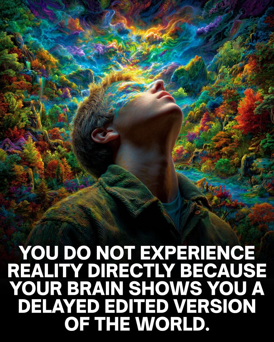 Surreal image of a person with colorful, swirling brain energy, representing the brain's delayed edited version of reality.