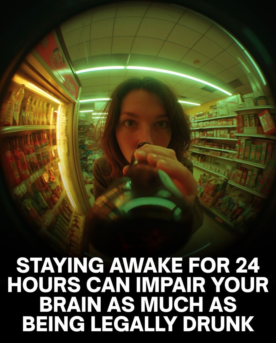 Person in a store drinking from a bottle with text about staying awake and brain impairment related to sleep deprivation.