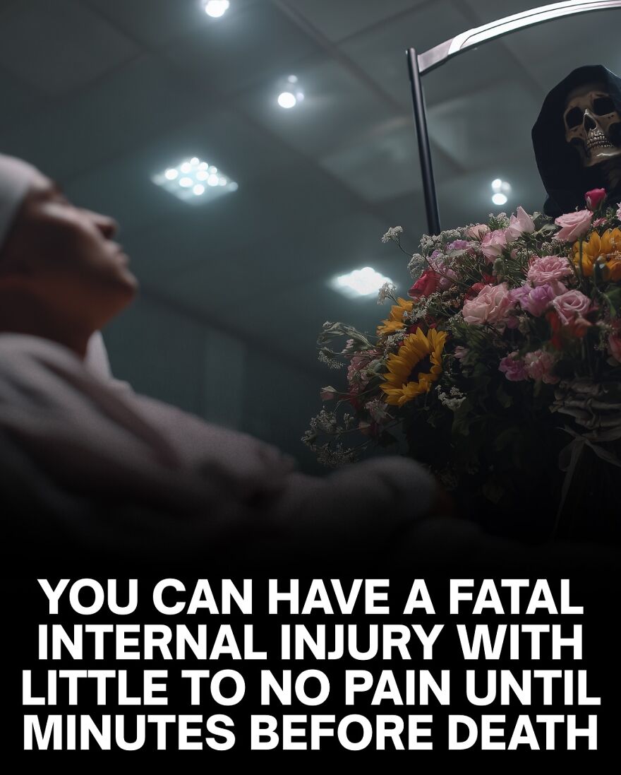 Person in hospital bed facing grim reaper figure symbolizing fatal injury with little to no pain warning bones are wet concept.