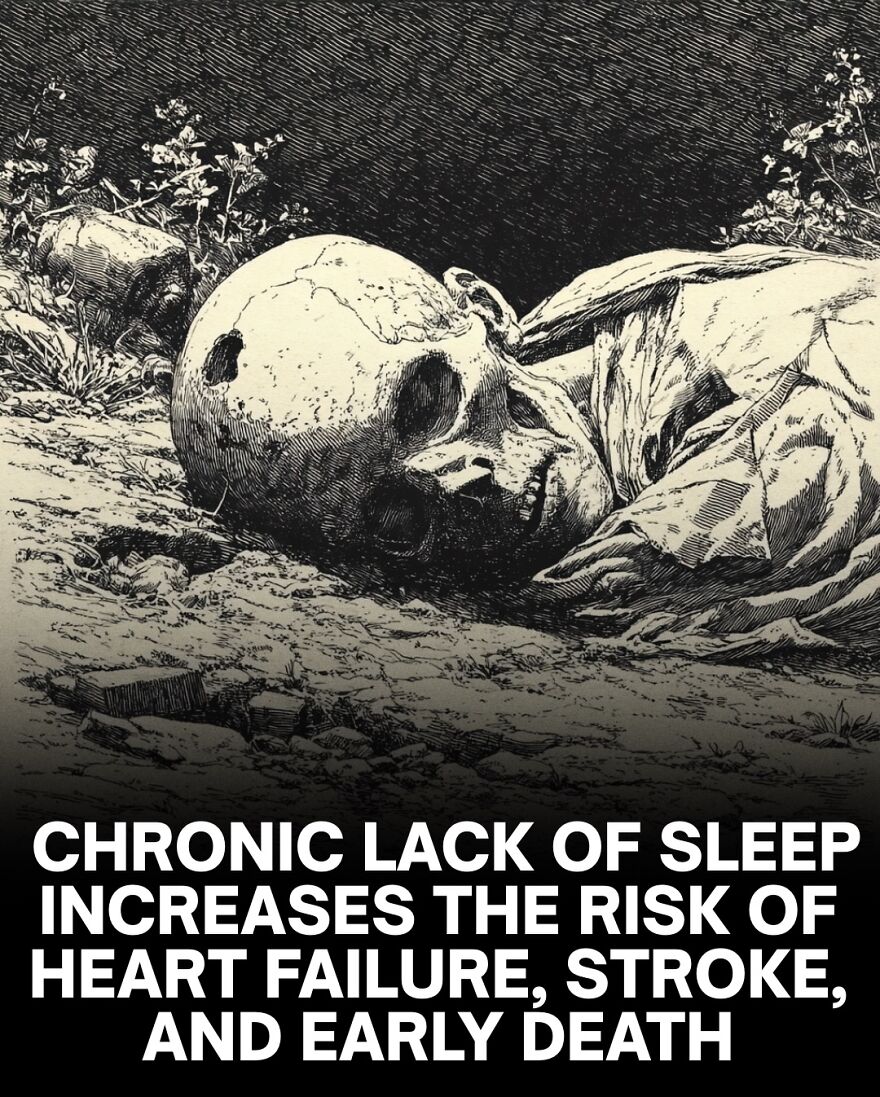 Illustration of a skull lying on the ground with text about chronic lack of sleep risking heart failure and early death.