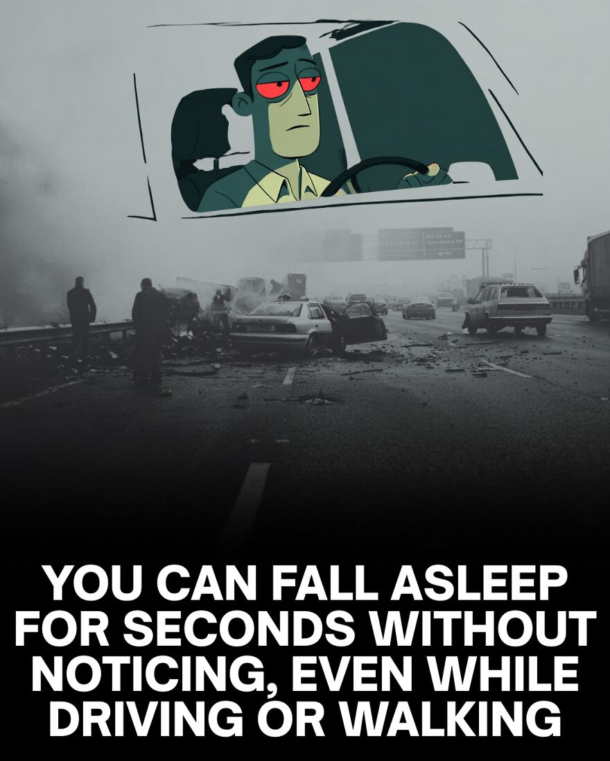 Cartoon tired driver with red eyes driving on a highway crash scene, illustrating scary facts about bones and sleep loss.