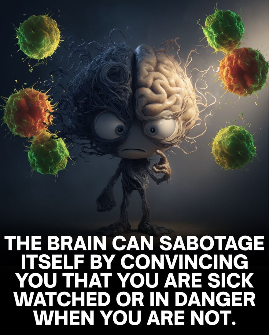Half-brain character with nervous expression surrounded by colorful cells, illustrating scary brain and bone facts.