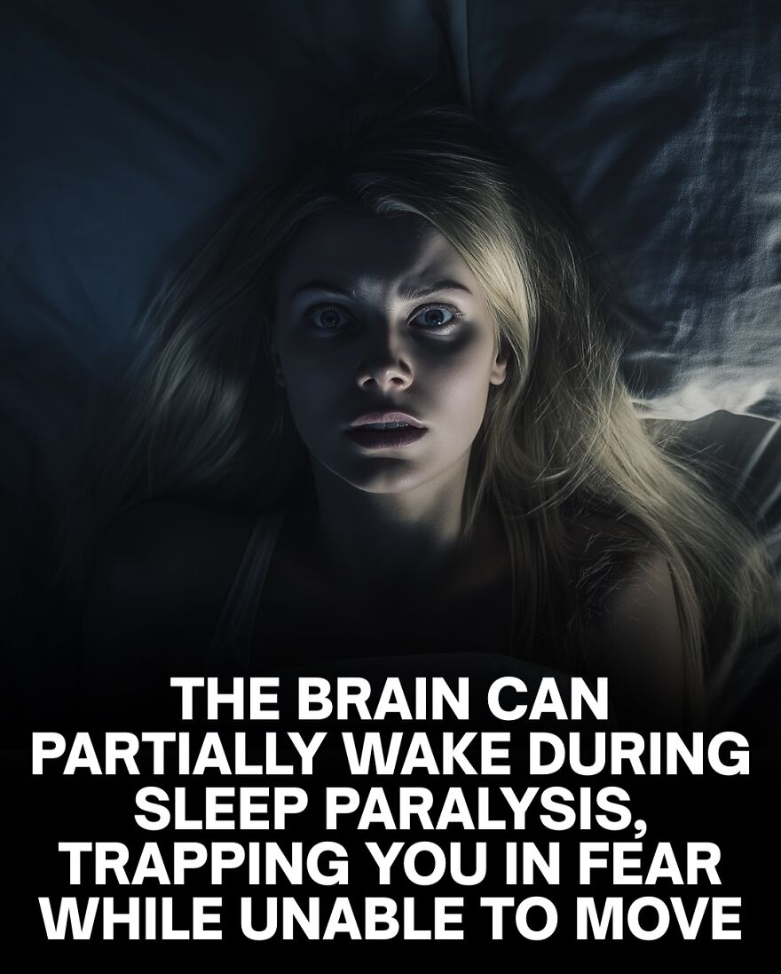 Woman lying awake in fear during sleep paralysis, illustrating a scary fact about the brain trapping you while unable to move.