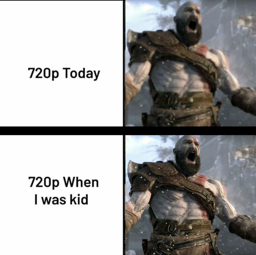 Comparison meme showing the same video game character at 720p today versus 720p when I was a kid, relatable to video games.