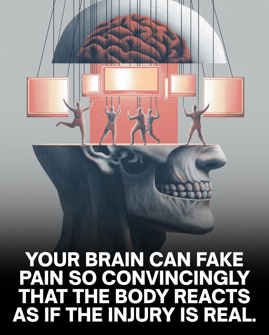 Illustration of a skull with a brain controlling puppets, representing how the brain can fake pain convincingly.