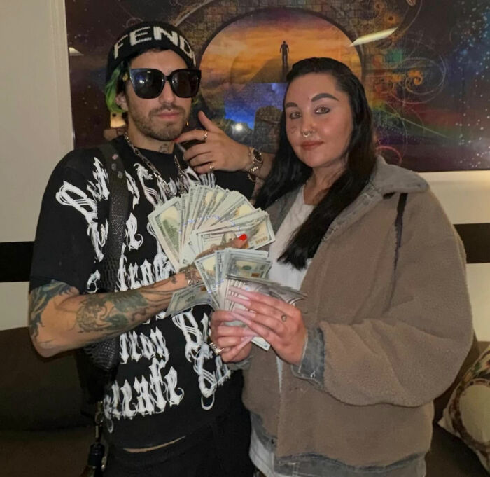 Two people showing large amounts of cash, with focus on Amanda Bynes&rsquo; tragic tale of child stars and tattoo concerns.