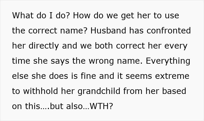 Text discussing how to handle a relative who refuses to use the correct baby name despite corrections.