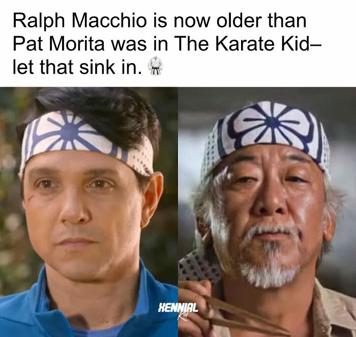 Split image showing Ralph Macchio and Pat Morita wearing headbands from The Karate Kid, evoking nostalgic trip for xenials.