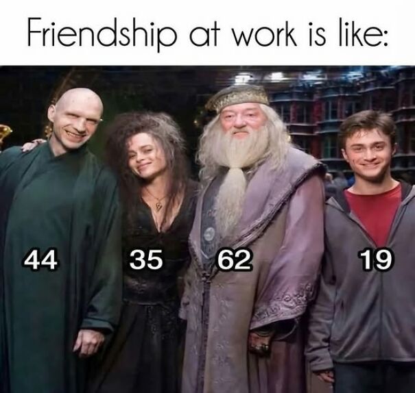 Four Harry Potter characters with ages labeled, illustrating relatable memes about friendship at work dynamics and age diversity.