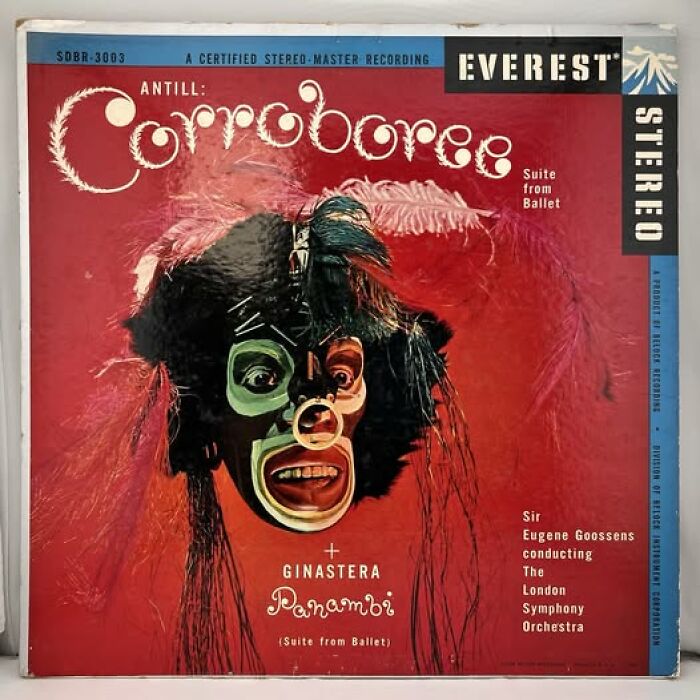 Vintage album cover featuring a colorful tribal mask with feathers, an example of hilariously bad album covers sold.