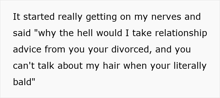 Text message conversation where a bald and divorced man shames nephew for long hair and cooking for girlfriend.