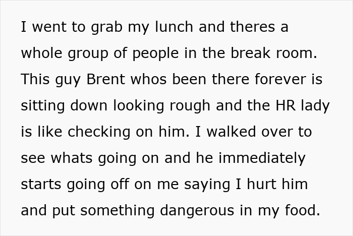 Alt text: Office scene describing a man who steals colleague&rsquo;s extra-spicy lunch and blames her for his fiery mouth regret.