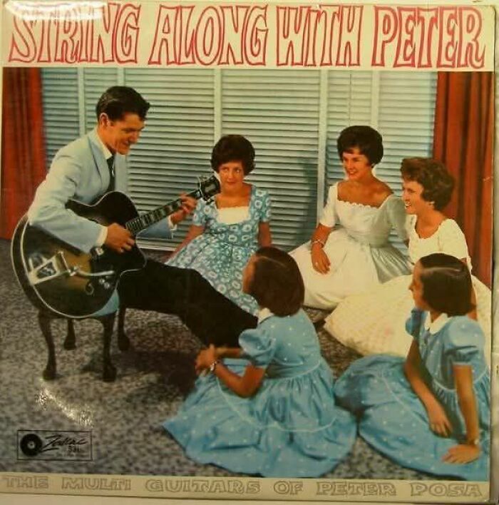 Vintage album cover showing a man playing guitar surrounded by five women in dresses, an example of bad album covers sold.