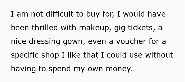 Text on a white background expressing feeling ungrateful for gifts from husband, mentioning makeup, gig tickets, and a voucher.