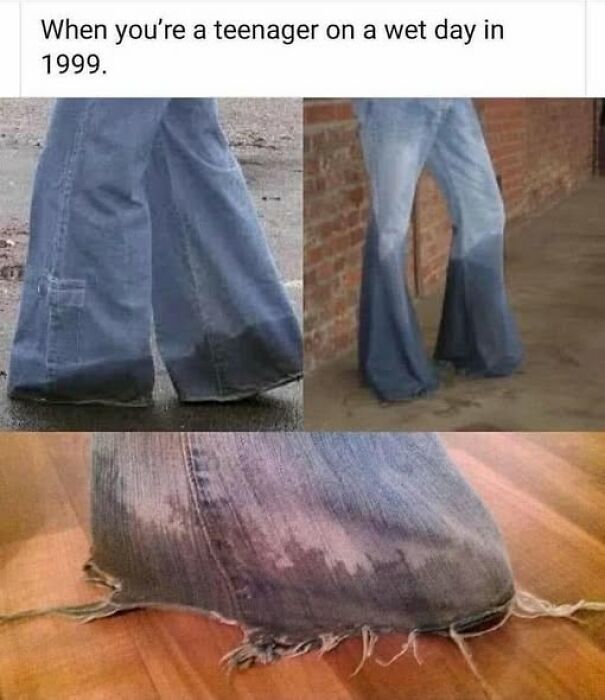 Three close-up images of teenagers wearing jeans soaked and frayed at the bottom on a wet day, relatable memes concept.
