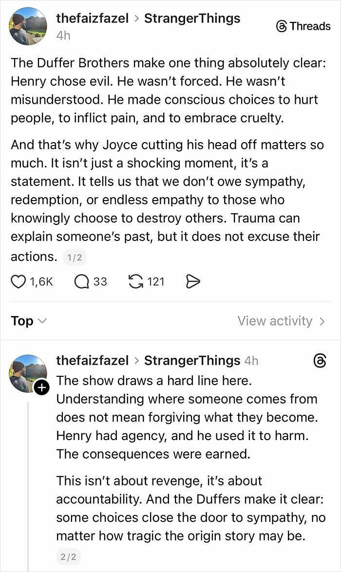 Social media post discussing Stranger Things ending and fan reactions to the show's portrayal of choices and accountability.