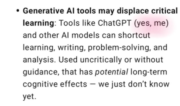 Text about generative AI tools like ChatGPT potentially displacing critical learning by shortcutting problem-solving and analysis.