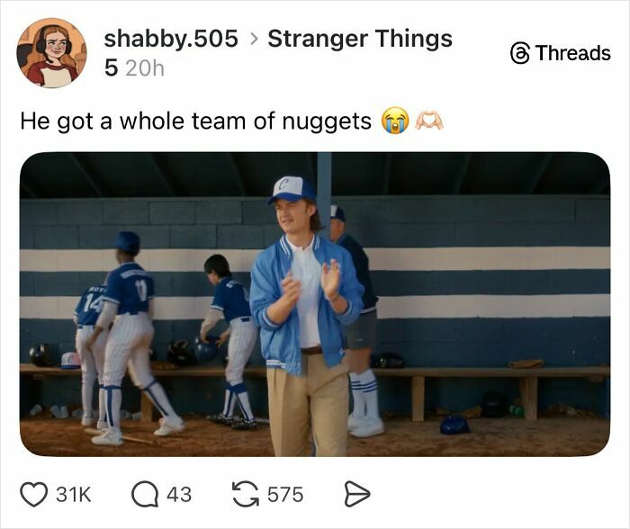 Teens in baseball uniforms inside a dugout, reacting in a scene from Stranger Things with fans discussing the ending.