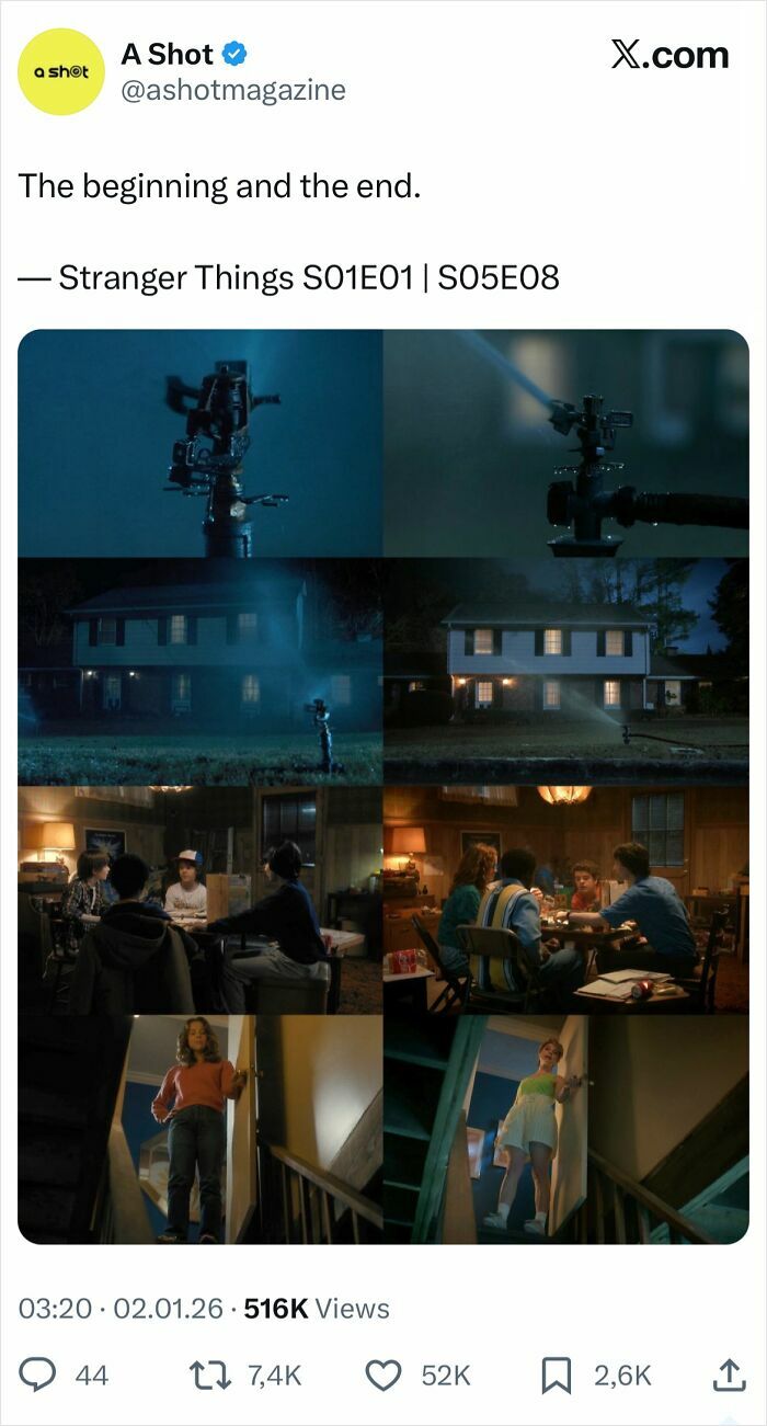 Stranger Things scenes showing the beginning and ending moments with characters and iconic house setting.