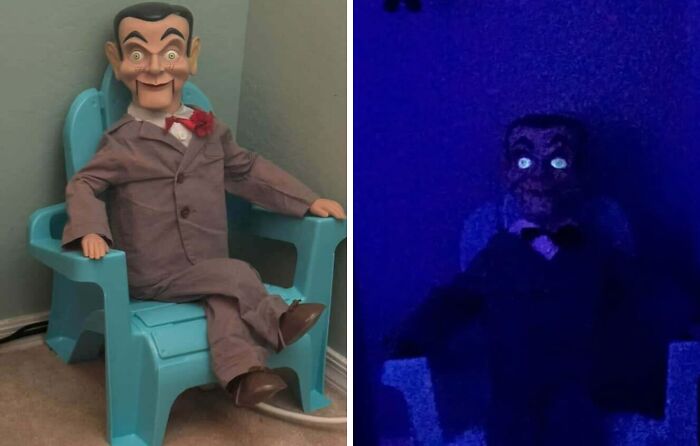 Creepy ventriloquist dummy in a suit sitting on a chair by day and glowing eyes in the dark at night.