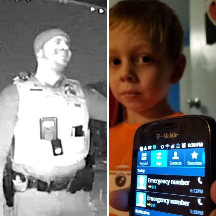 Child holding phone showing emergency number screen next to smiling officer, highlighting fun moments with siblings.