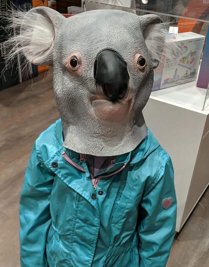 Child wearing a realistic koala mask and blue jacket, showing how life is more fun with siblings in playful moments.