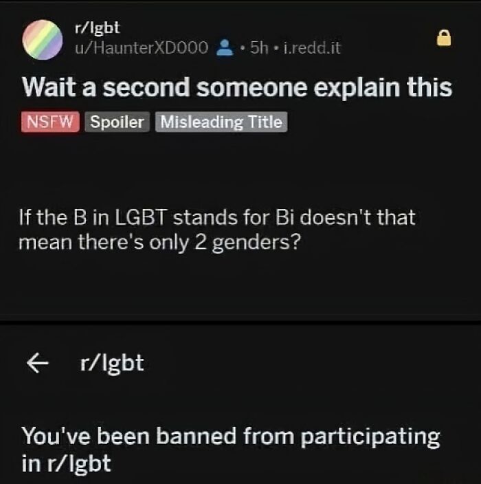 Reddit post humorously questioning gender identity, followed by a ban message, reflecting dark humor memes and edgy joke culture.