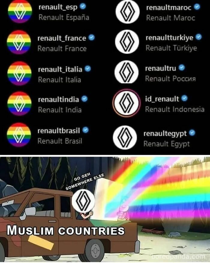 Compilation of dark humor memes showing contrast between Renault logos with pride colors and plain logos for Muslim countries.