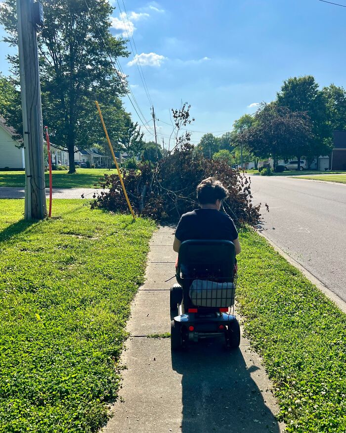 Person on mobility scooter stopped at sidewalk blocked by large pile of branches, example of next-level jerks