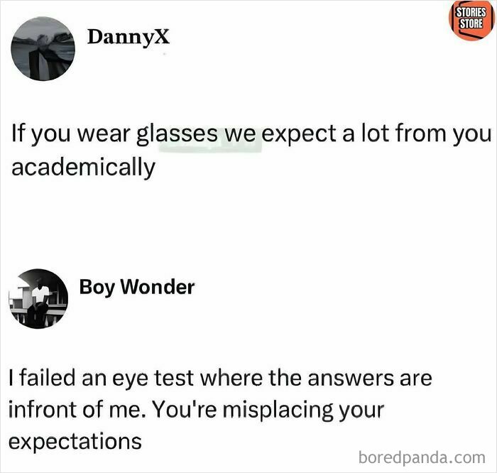 Text meme conversation about wearing glasses and academic expectations, featured in movie memes collection.