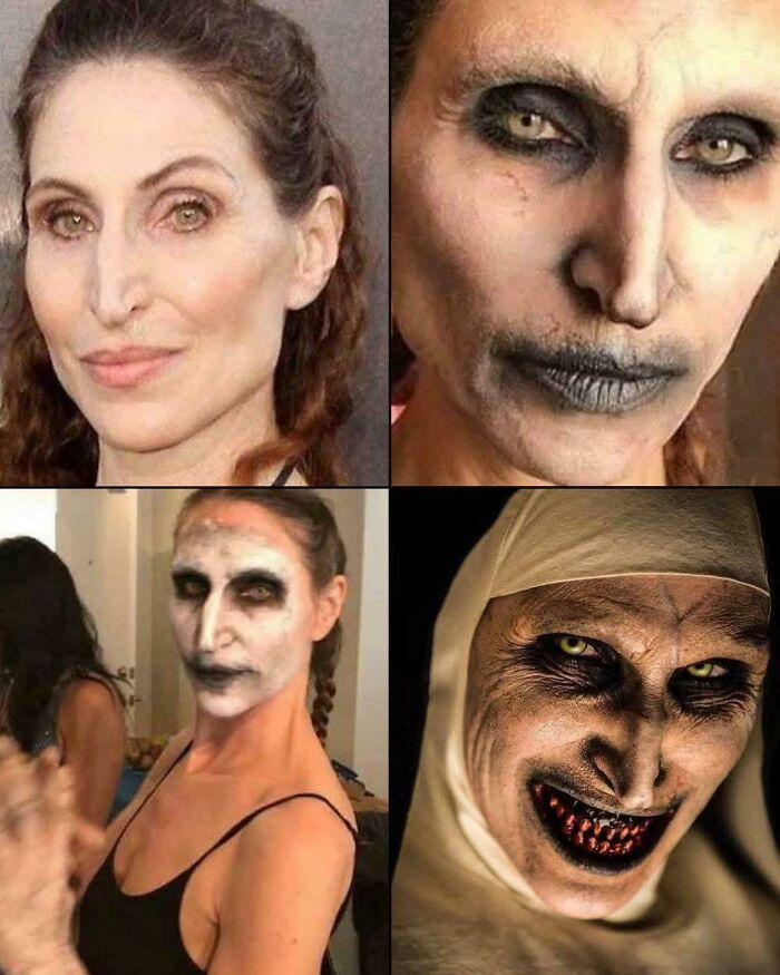 Mujer con maquillaje aterrador antes y después, mostrando transformaciones para posts que hacen cuestionar la realidad.