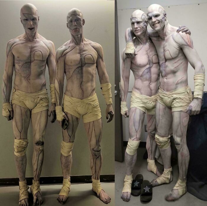 Dos imágenes de personas con maquillaje y vendajes, mostrando un aspecto escalofriante que desafía la realidad.