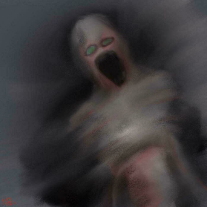 Blurry ghostly figure with glowing eyes and wide open mouth in dark foggy background representing scary posts shared online.