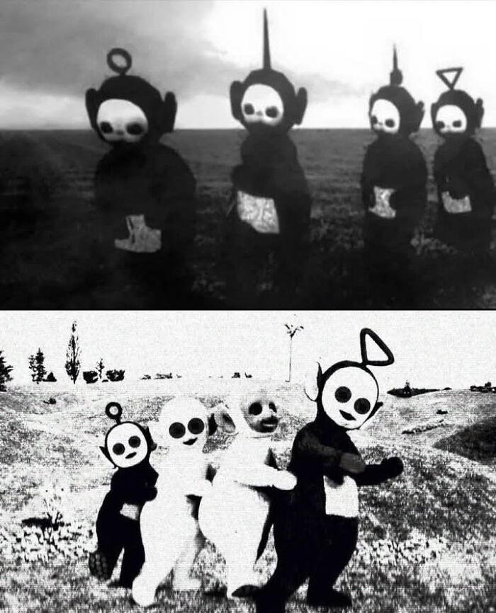 Personajes de Teletubbies con apariencia aterradora en imágenes en blanco y negro que generan duda sobre la realidad.