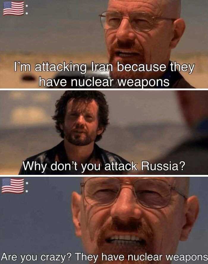 Scene from a meme featuring two men discussing nuclear weapons with text about attacking Iran and Russia.