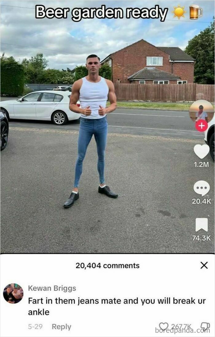 Man wearing extremely tight jeans standing on a street, featured in a random meme to spice up life humor.