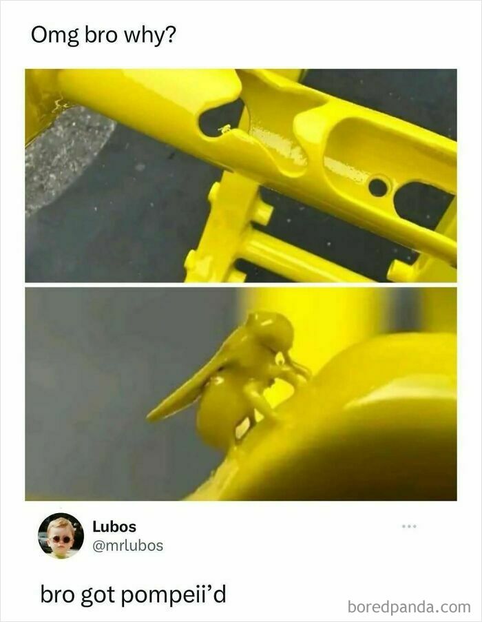 Close-up of a yellow object with a blob resembling a melted figure, illustrating a random meme to spice up life.