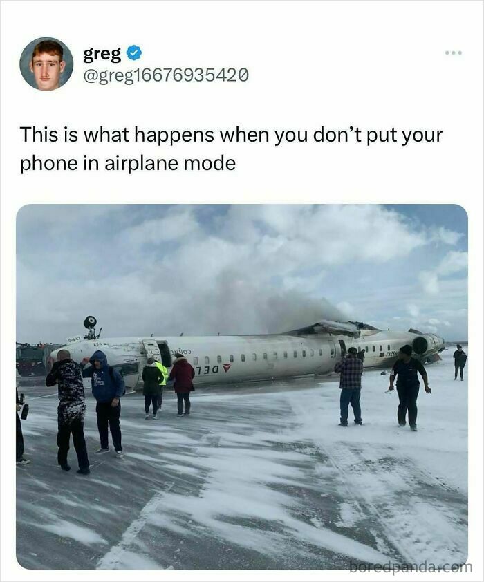 Twitter meme showing a crashed airplane with people around, highlighting random memes to spice up life humor.