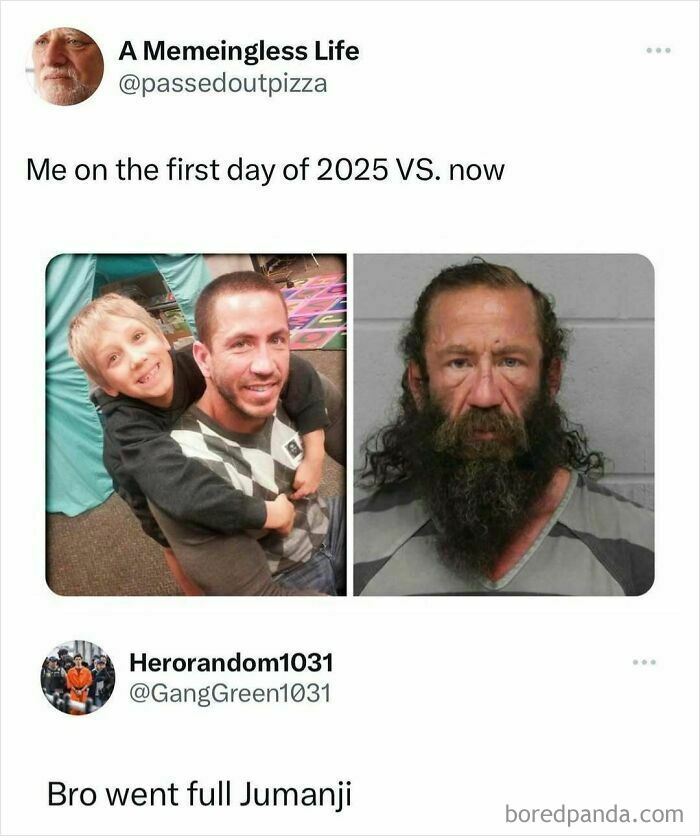 Comparison meme showing a man on the first day of 2025 versus a worn-out man, illustrating random memes to spice life up.