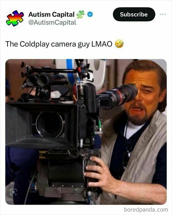 Man making a funny face while operating a professional camera, a random meme to spice up life humor.