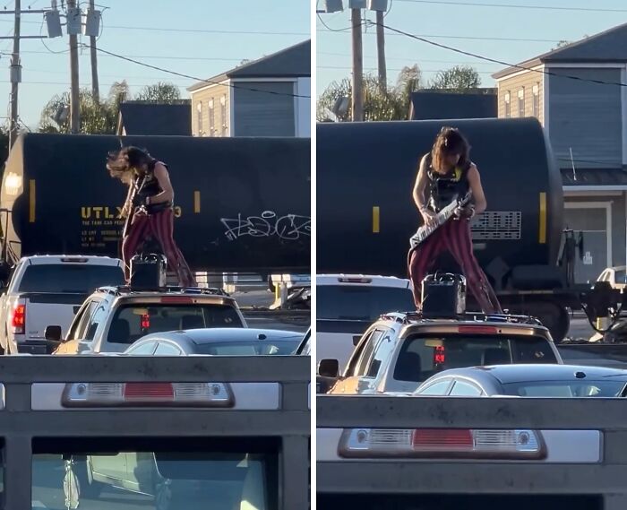 Person playing keytar standing on a car roof in the street surrounded by traffic, a weird street finding moment