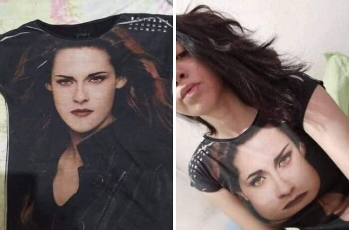 Woman wearing a black t-shirt with a large face print, showing a humorous example of hilarious fashion fails.