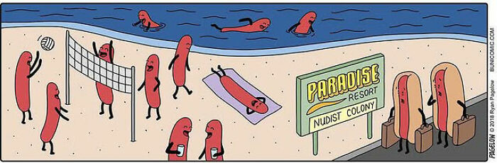 Hot Dog comics scene: anthropomorphic hot dogs at a beach resort playing volleyball, sunbathing by a Paradise Resort sign